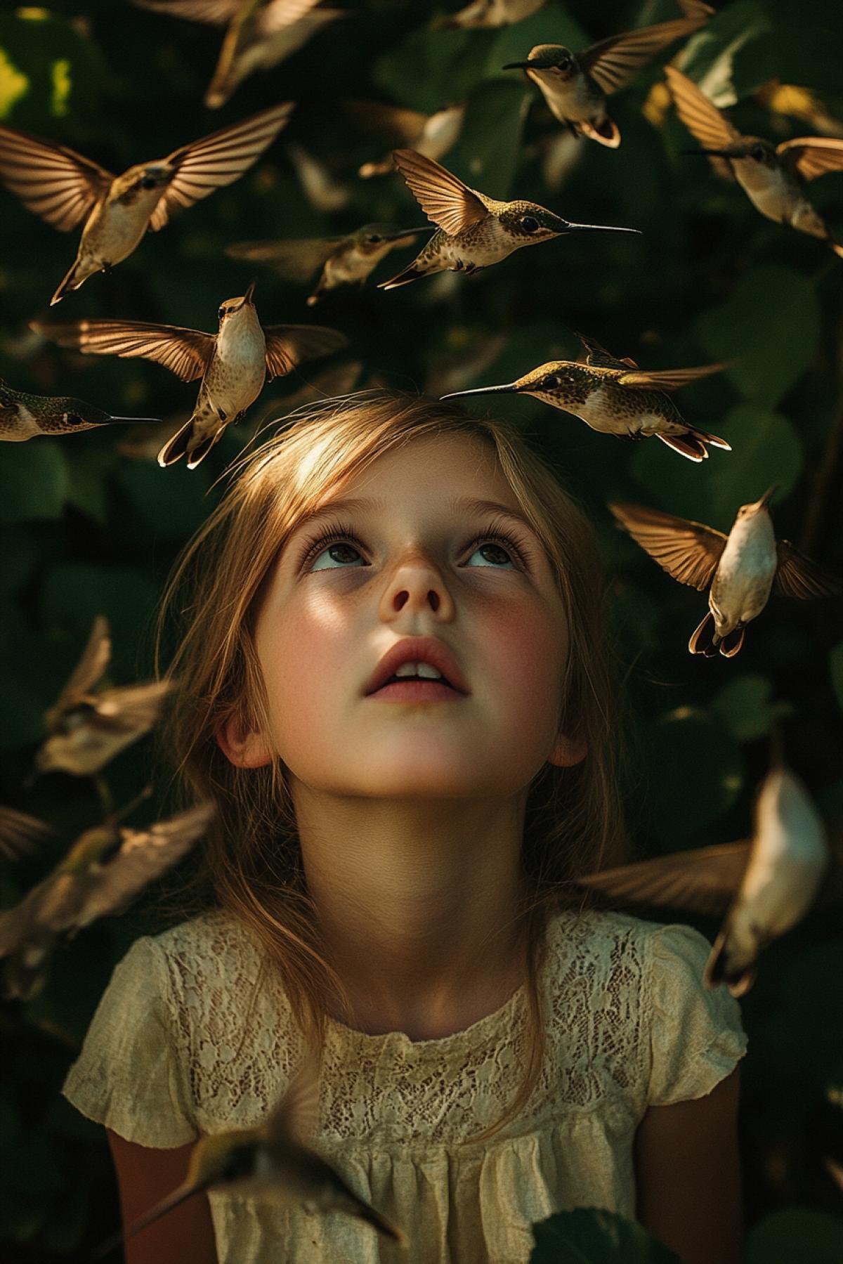 A young girl surrounded by a dense flock of hummingbirds