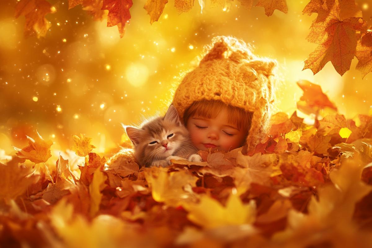 A full-length child with a kitten plays buried in yellow and red autumn maple and oak leaves, joy fun laughter galaxy magic fantasy