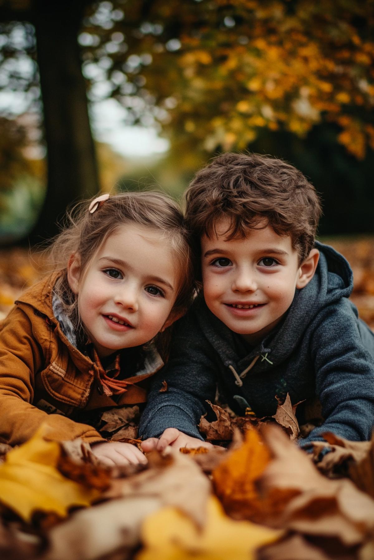 5yo brother and sister on the park Indian summer building up picture on the ground made of falling trees green yellow leaves high contrast bright colours