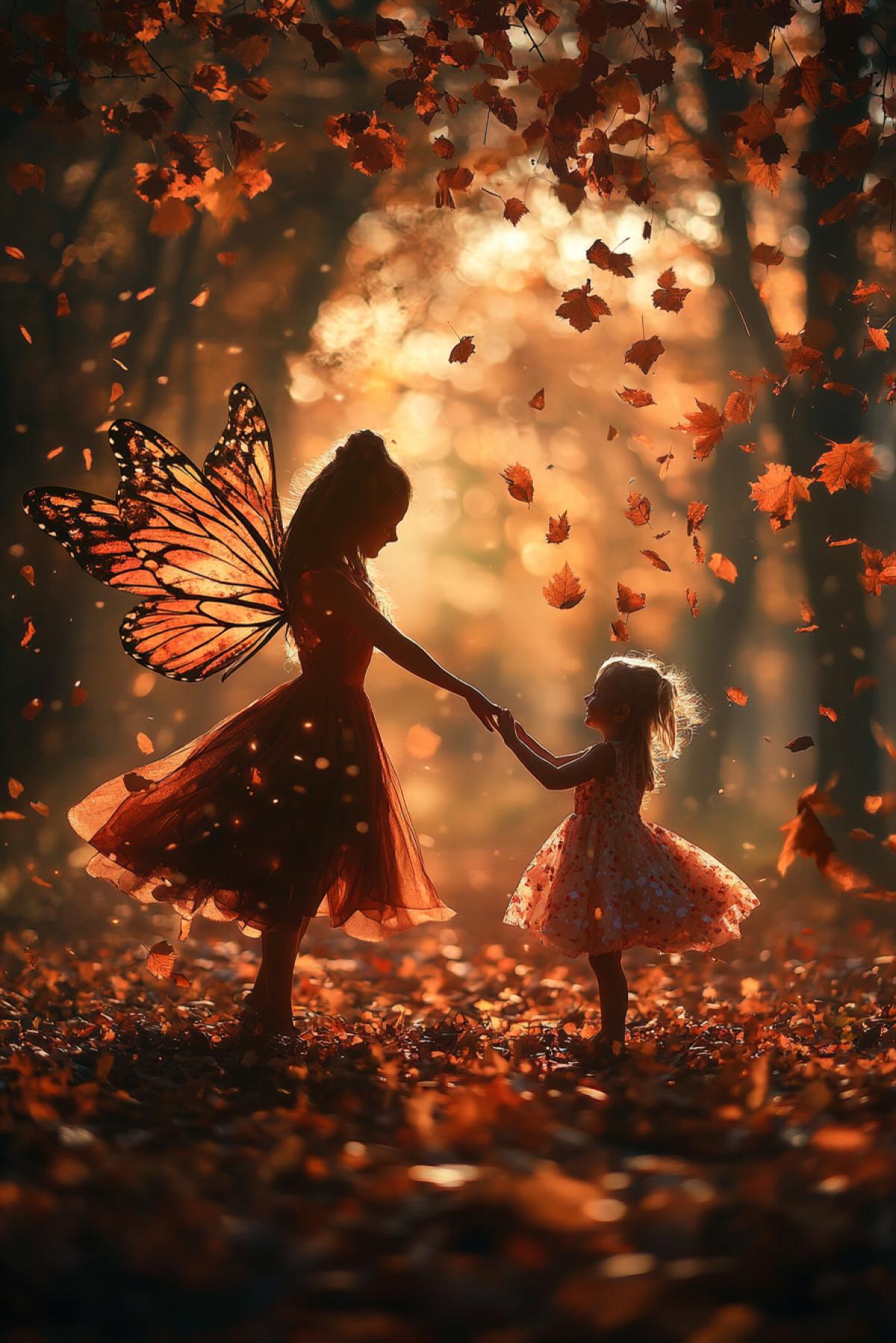 Million multicoloured autumn leaves building up facing magic fairy who is dancing with a cute 5yo girl