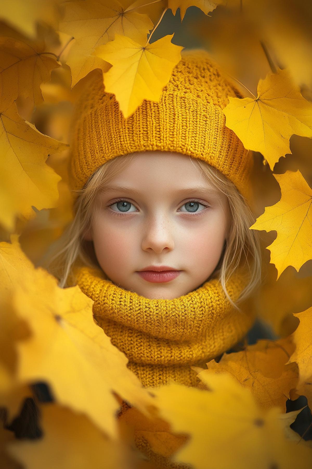 The mischievous girl hid in a big pile of fall leaves. Professional photo.