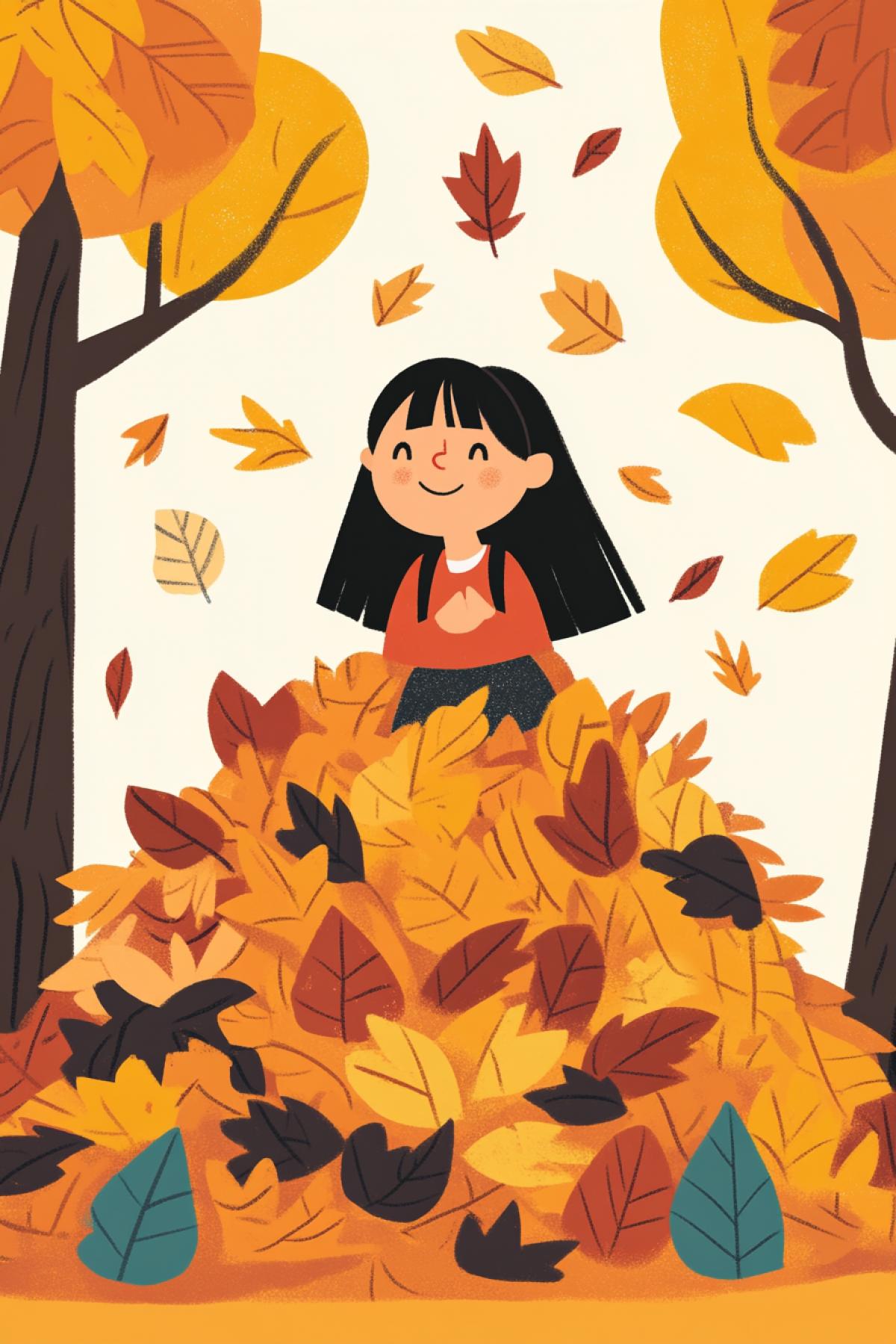 A mischievous girl hid in a big pile of fall leaves