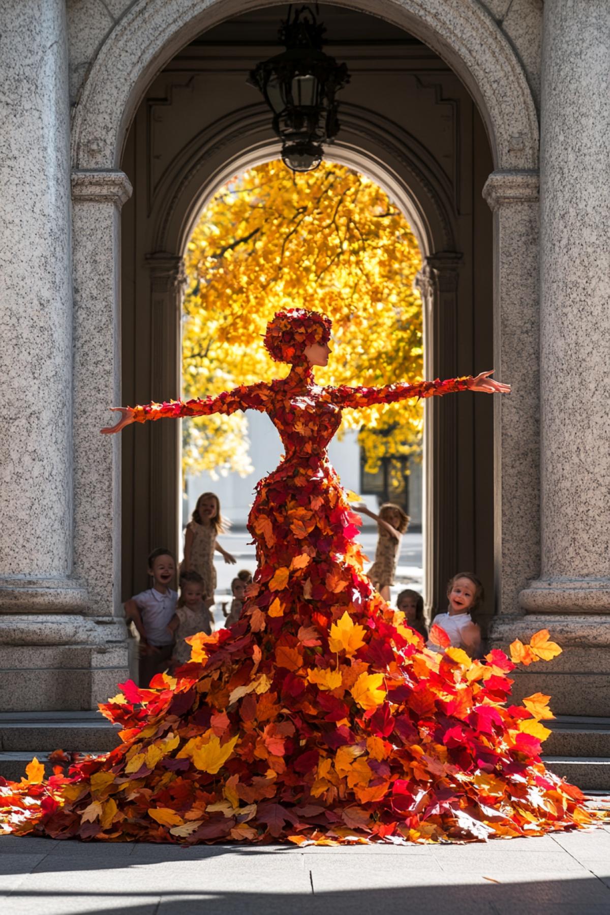 Sunny golden autumn day beautiful autumn lady built up of multicoloured leaves dancing waltz with several happy cute little children on the background of open entrance to granite building bright colours high contrast