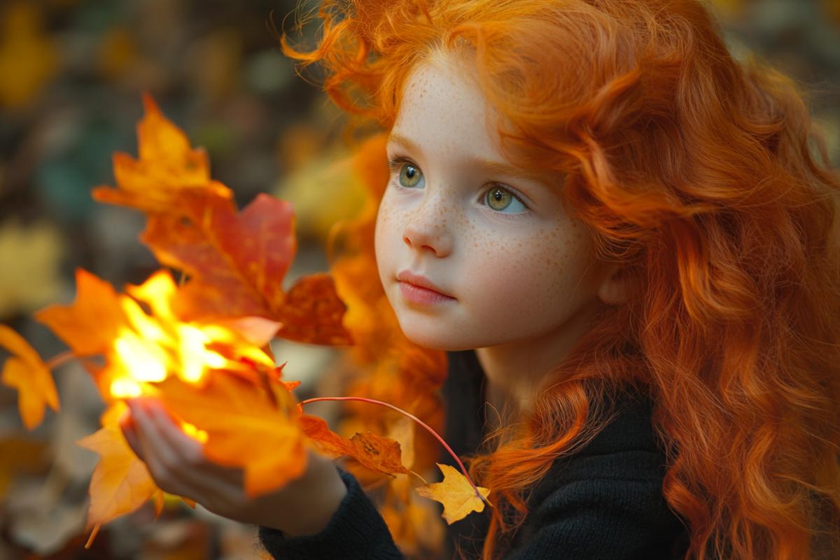 A red-haired girl of five years old with fiery hair, squatting in full height with green eyes and hemp, a hooligan sets fire to a bunch of beautiful yellow-red autumn leaves, magic, magic, bright rich Pixar colors