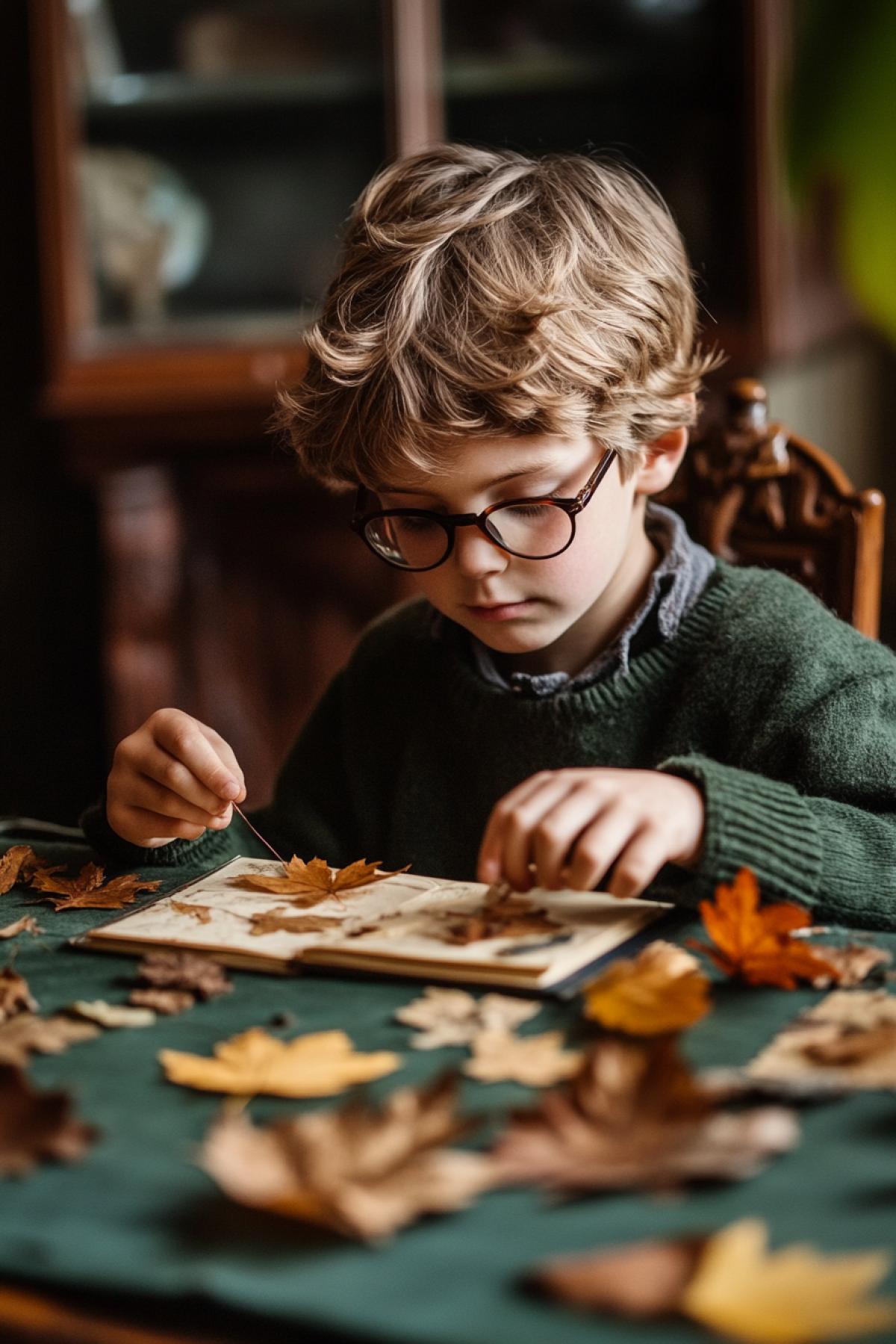 A very serious seven-year-old boy is gluing various autumn leaves into a herbarium album. He is sitting at an antique carved table with green cloth from the Elizabethan era. This boy wears glasses and looks like a little cute scholar. The process of sorting through numerous autumn leaves has completely captured his attention.