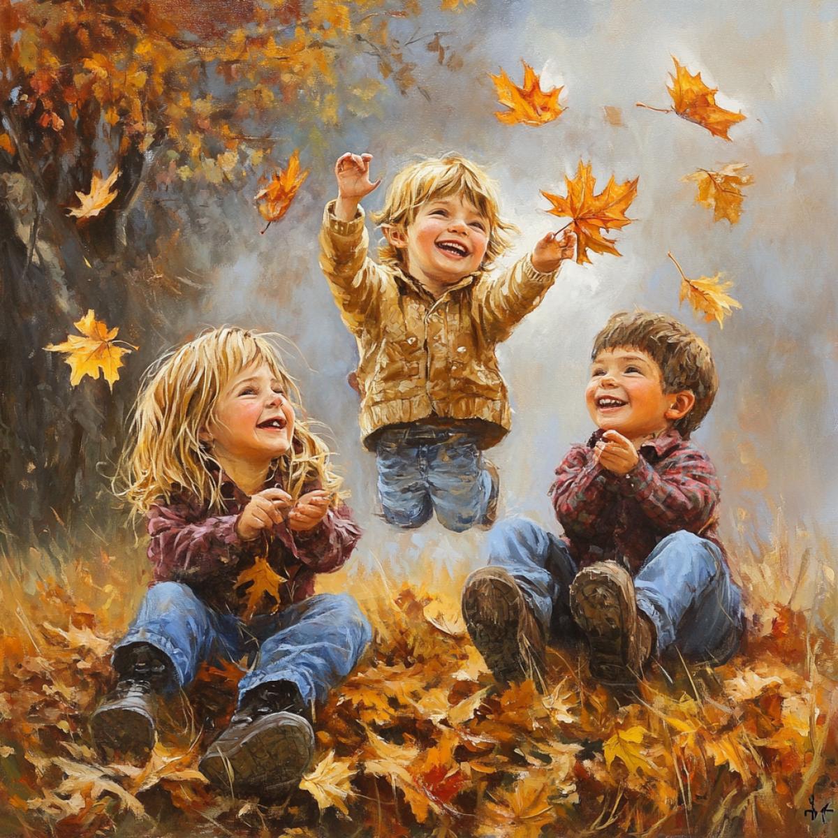 happiness, children, autumn leaves