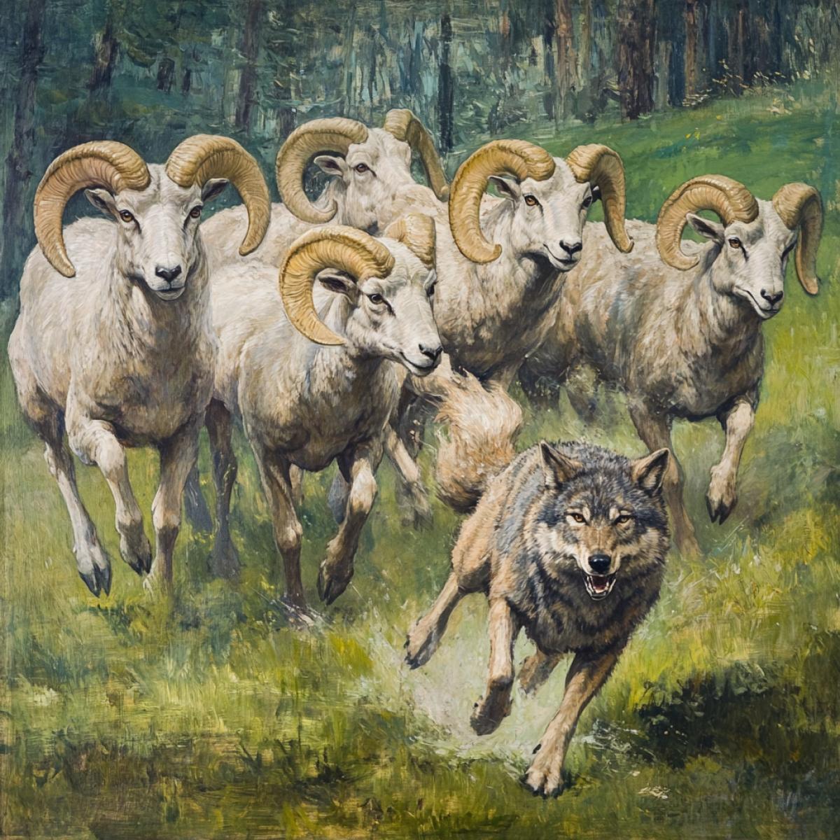 A group of united, responsible, and strong rams is chasing a wolf across the green meadow. The wolf, terrified and with its tail between its legs, flees from the enraged rams. The background is a natural idyll.