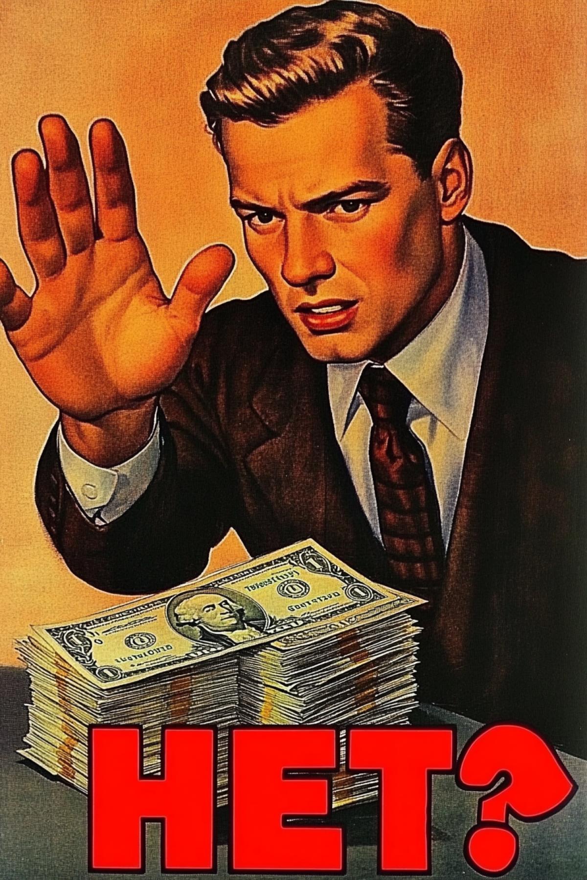 A man in office attire is refusing a large stack of dollars that is being offered to him. At the bottom, there is a bold red caption that says \"HET!\"