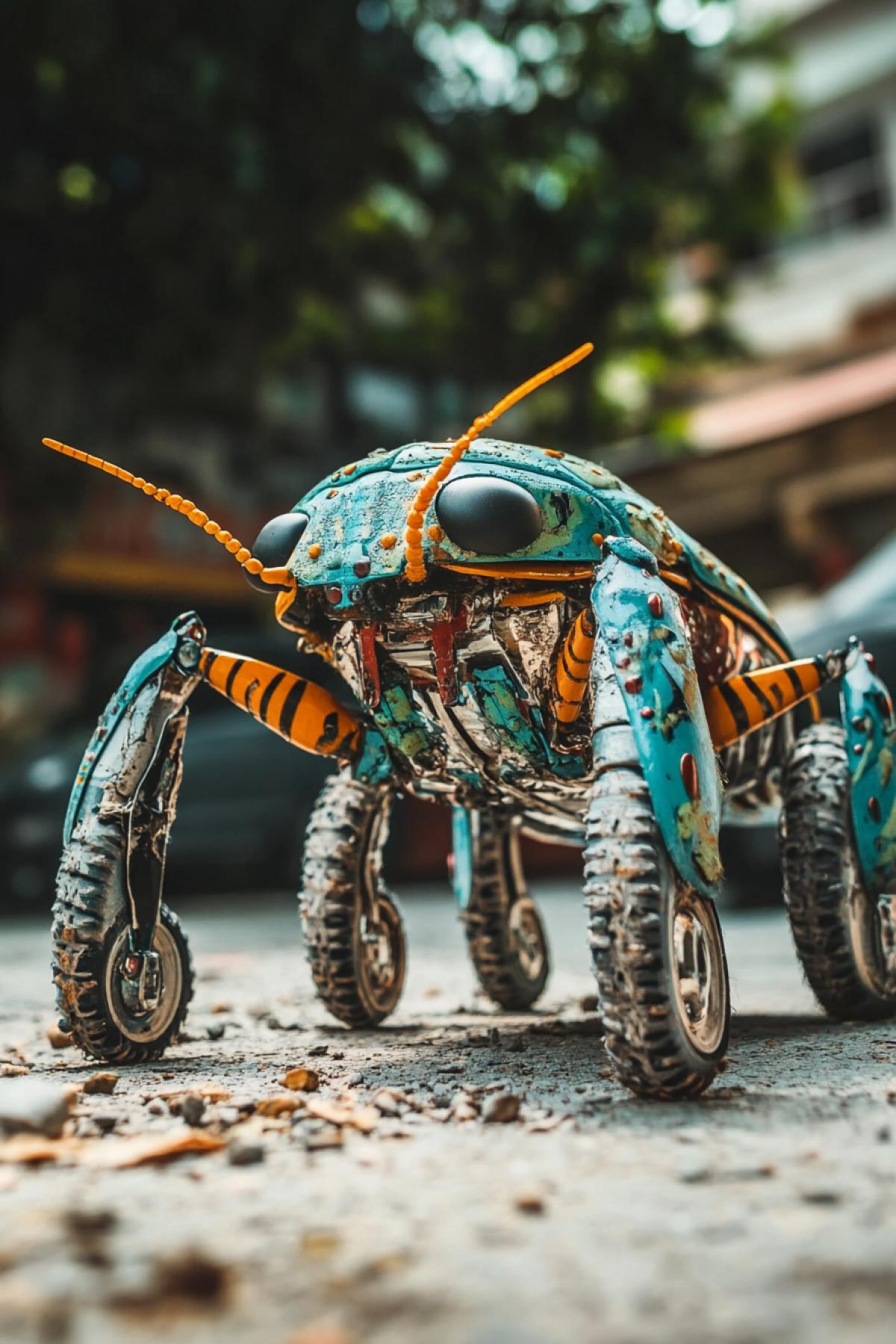 Frightening insect on six pumped up wheels instead of feet high contrast bright colours side low view
