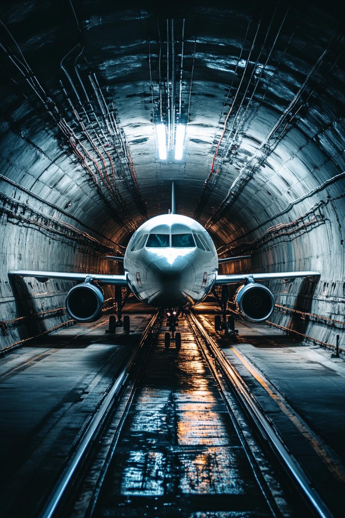 Aircraft within subway tunnel coming out to station high contrast colours photo size view from station to the tunnel