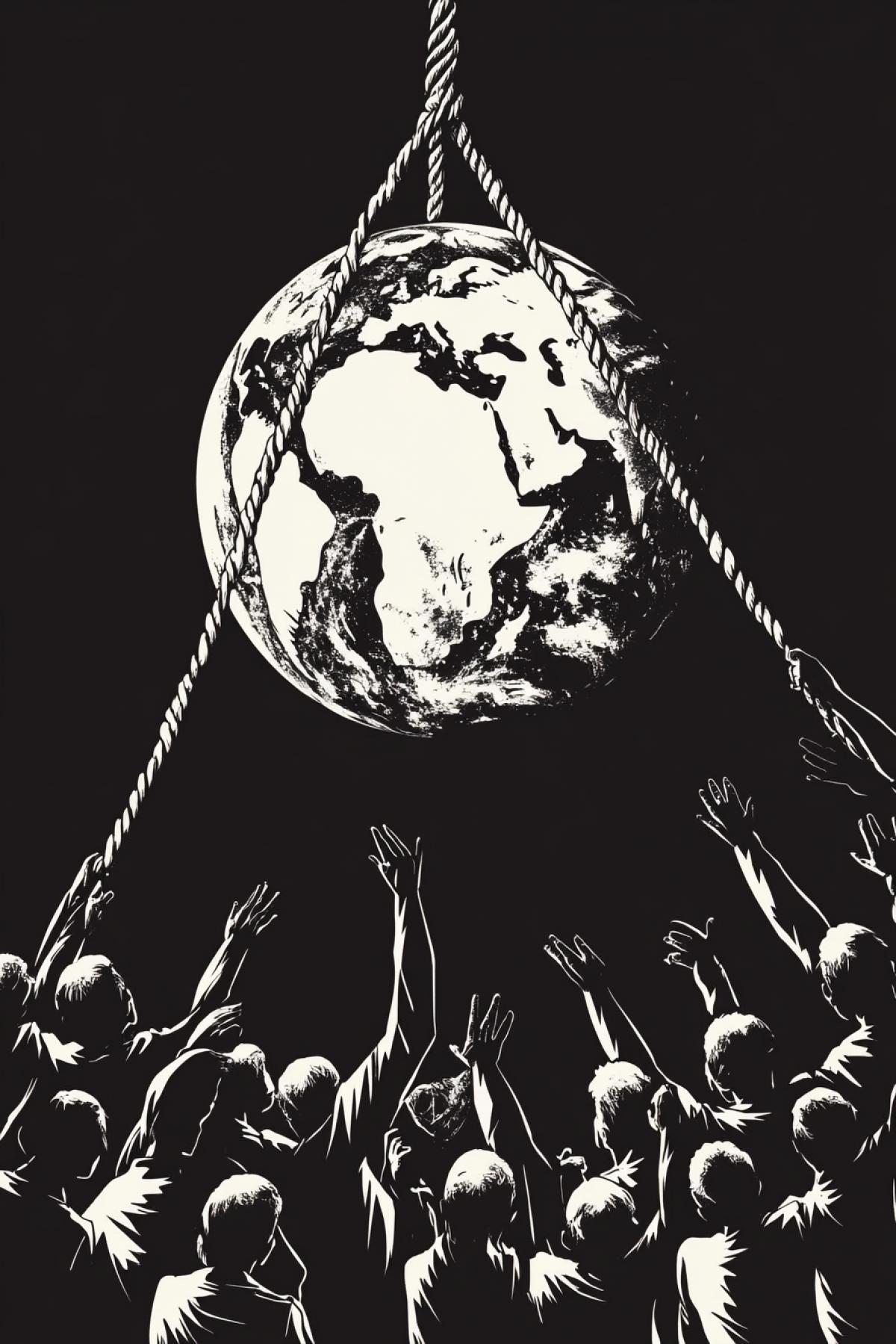 Crowd of poor people in open space over the planet earth pulling tugging the sun by ropes catching it on rope network high contrast illustration