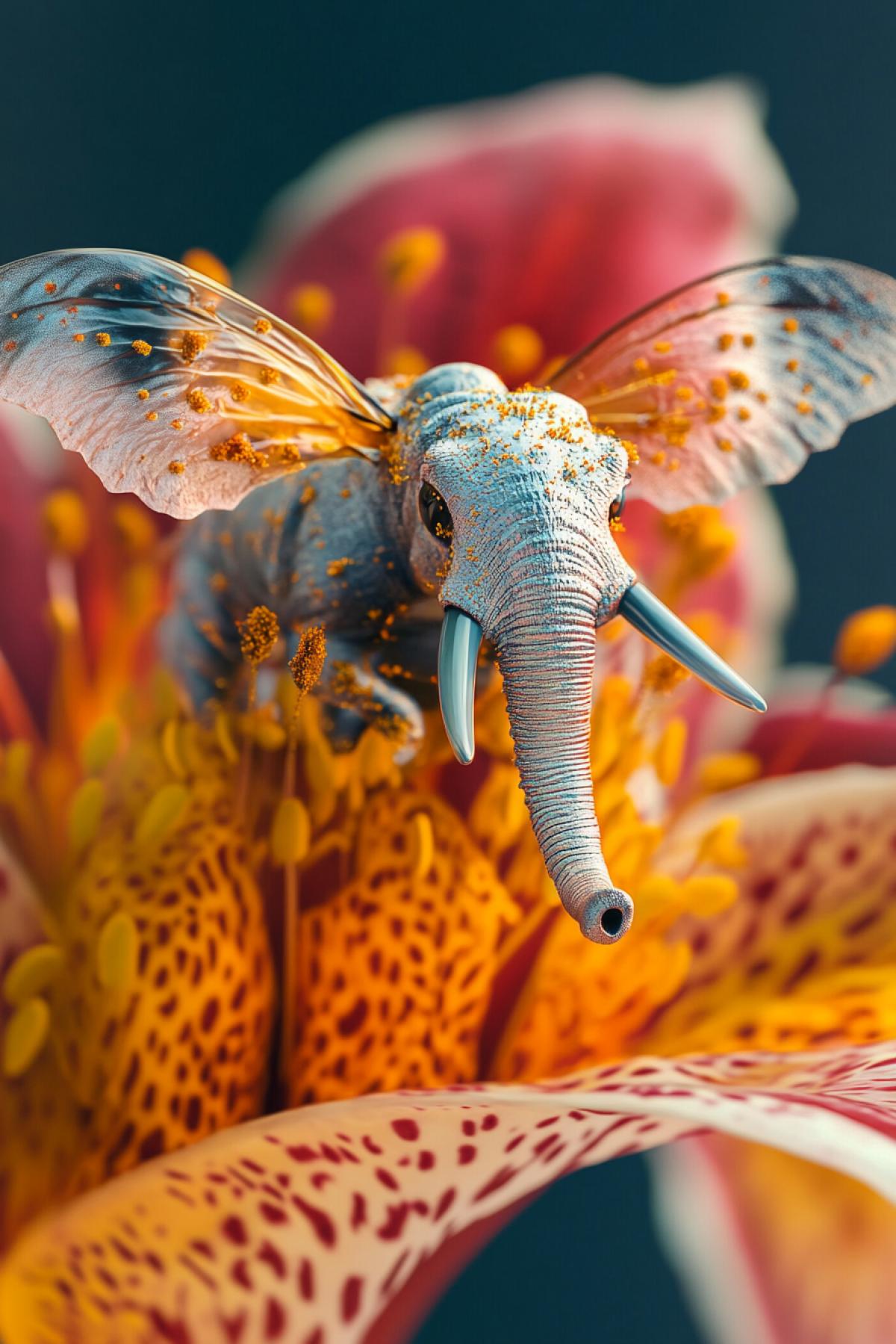 Microscopic elephant with bee wings flying around giant exotic flower