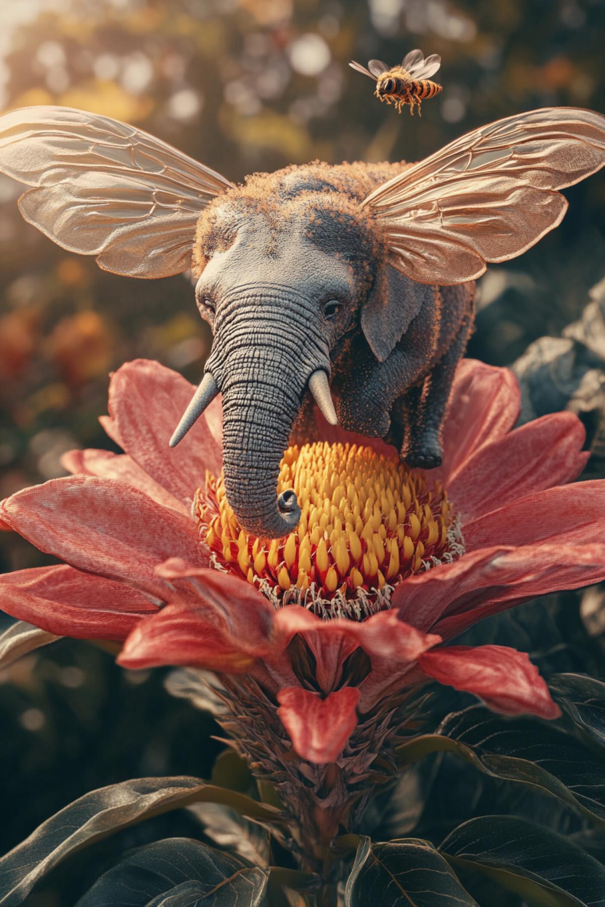 Microscopic elephant with bee wings flying around giant exotic flower