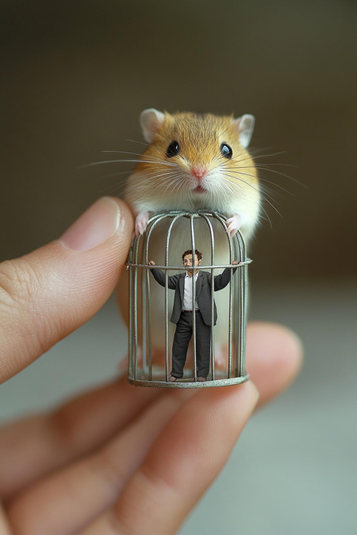 Hamster holding a cage with imprisoned man inside
