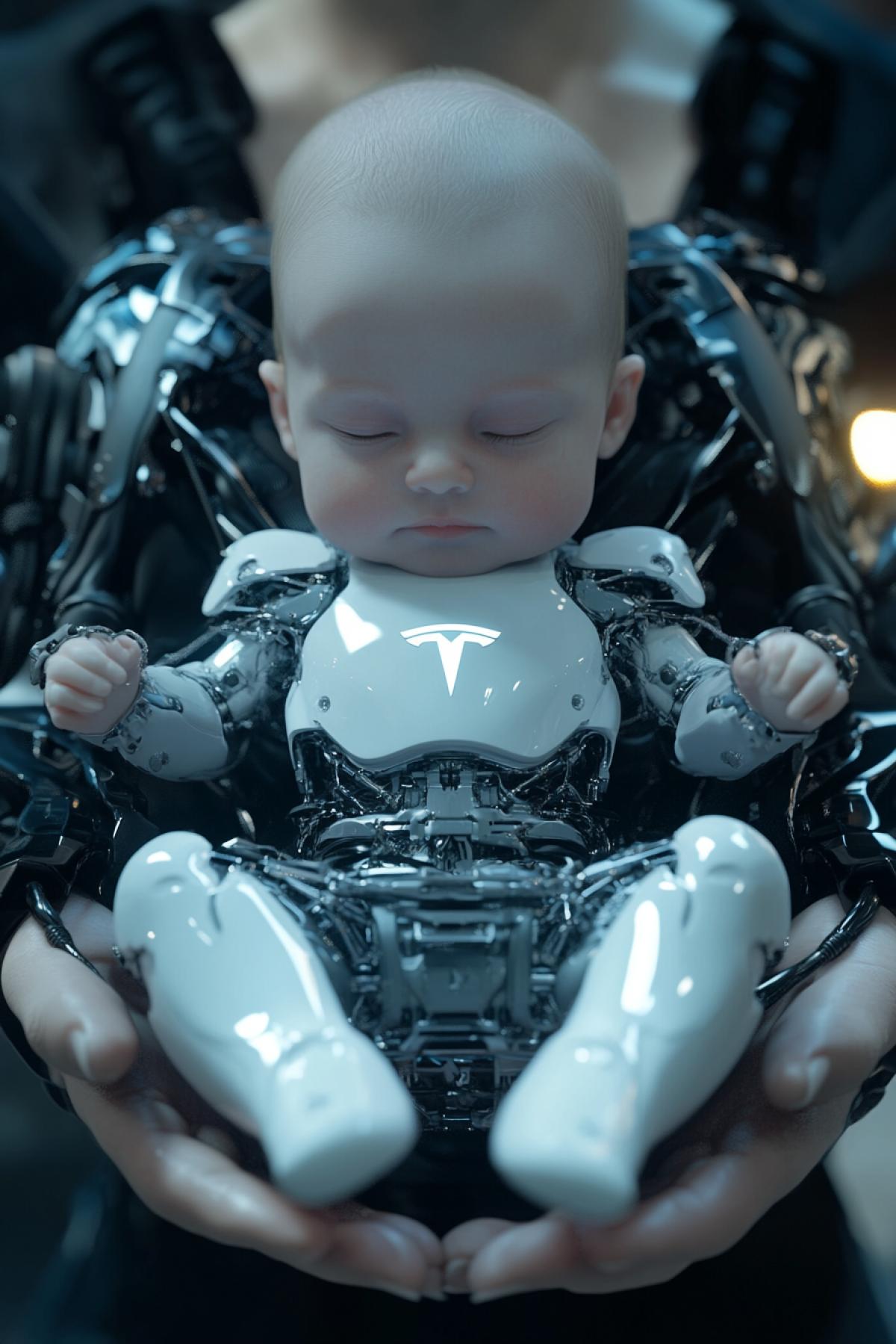 A cyborg baby produced by Tesla, with the Tesla logo, in the hands of a woman