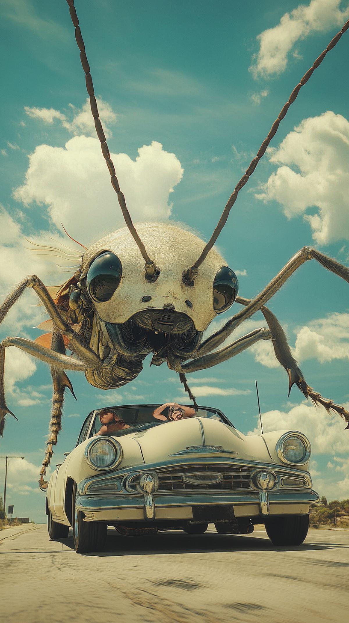 create an image that evokes a feeling of incongruity, unpredictability and absurdity. Imagine impossible combinations of objects and creatures, strange proportions and inconsistencies. A giant Ant driving a small convertible convertible