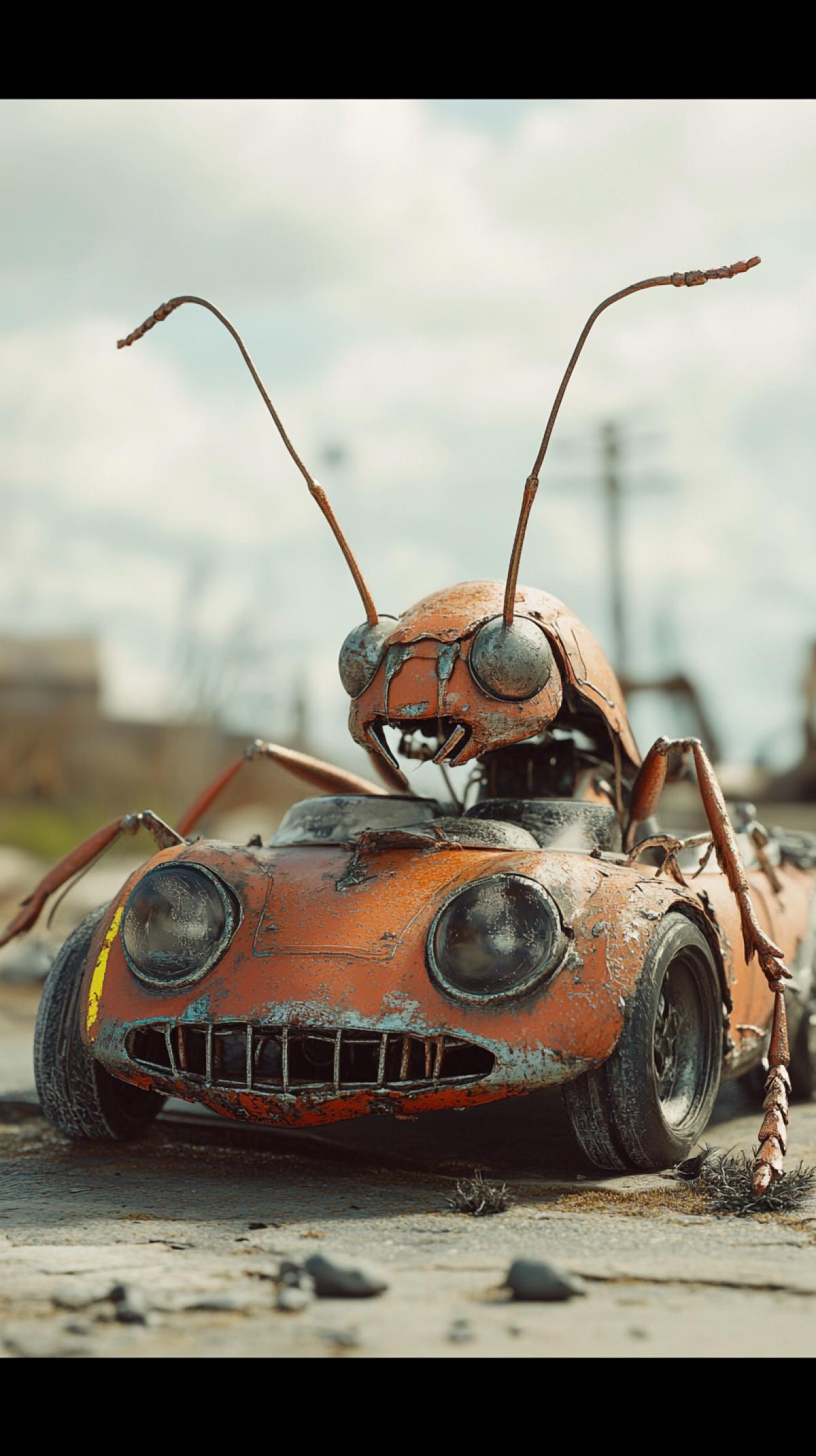 create an image that evokes a feeling of incongruity, unpredictability and absurdity. Imagine impossible combinations of objects and creatures, strange proportions and inconsistencies. A giant Ant driving a small convertible convertible