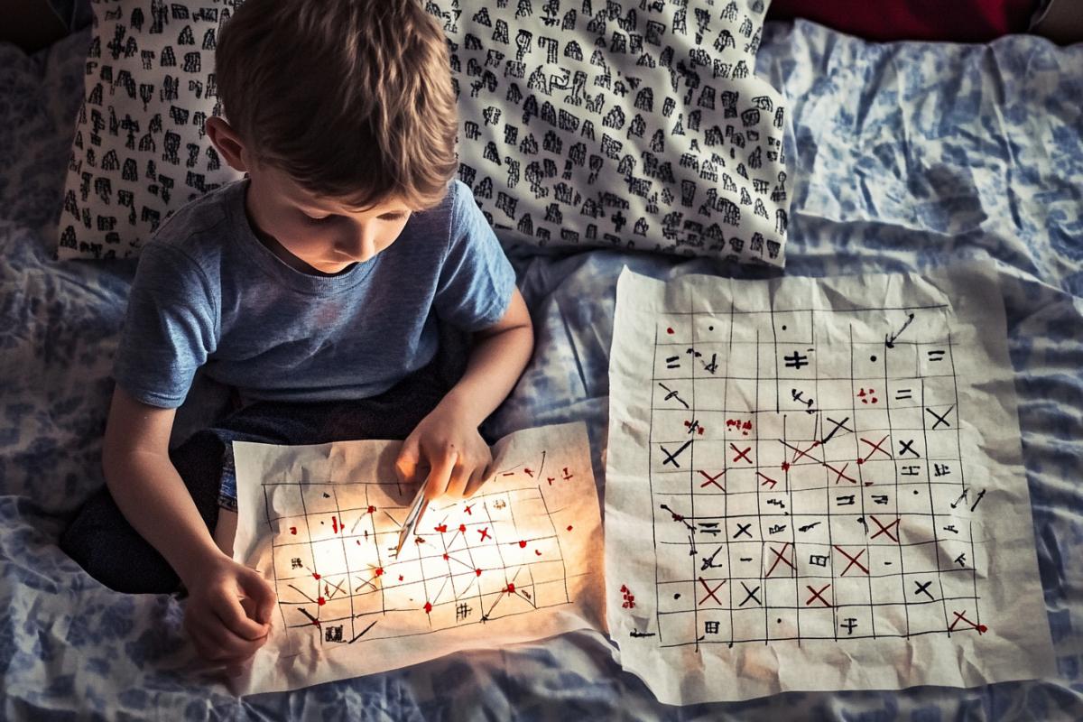 Children play a game on paper: sea battle, a boy sits on a bed holding a slightly crumpled sheet of paper and a pencil, crosses are drawn on a sheet of paper indicating ships, a sheet of paper in a checkered pattern