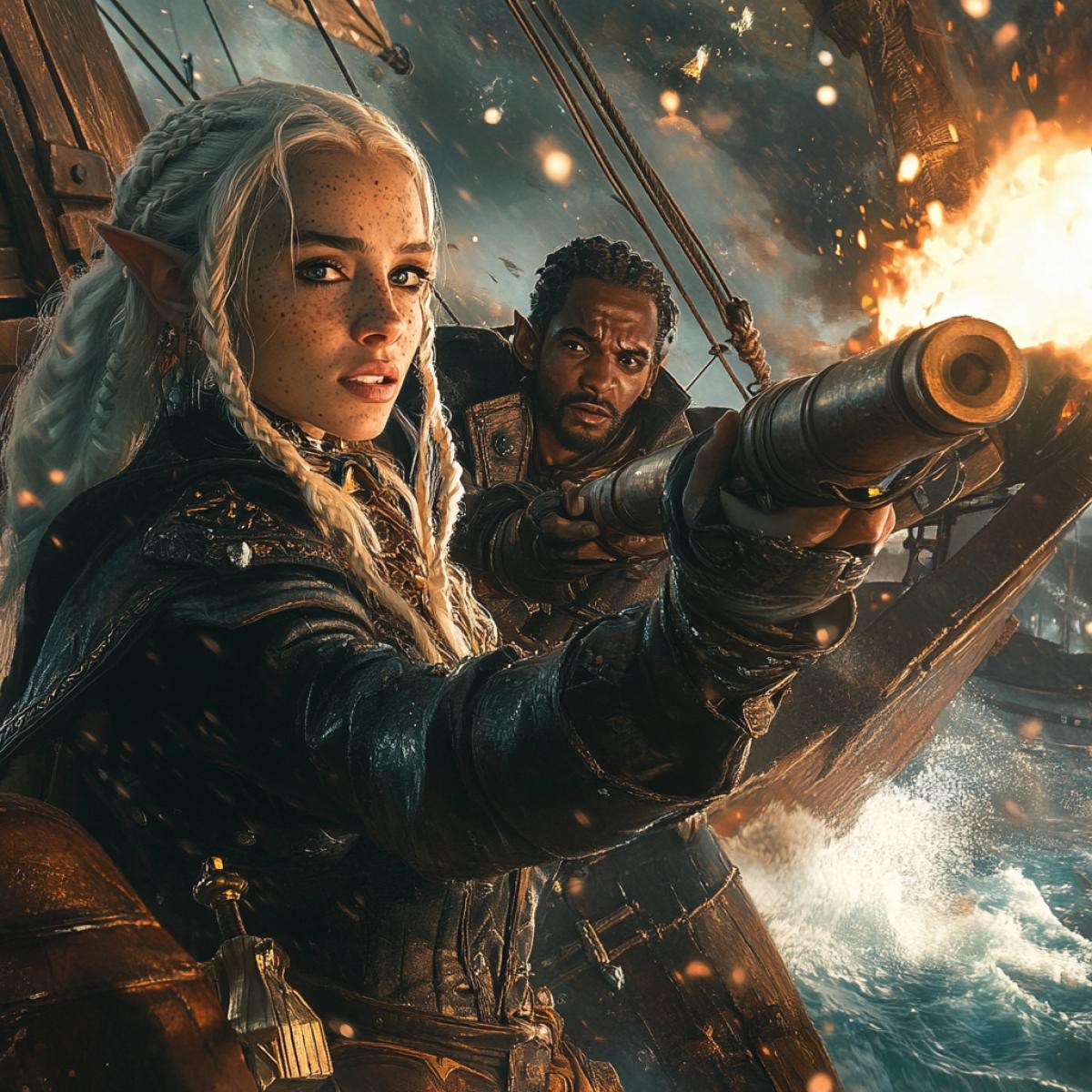 light-skinned elf with freckles and a handsome Nubian man-bard firing cannons on a pirate frigate at sea, storm, in a magical fantasy world like Middle-earth, dramatic light, sharp focus on eyes, professional photography, c 20 c 800ar 16:9 v 6.1