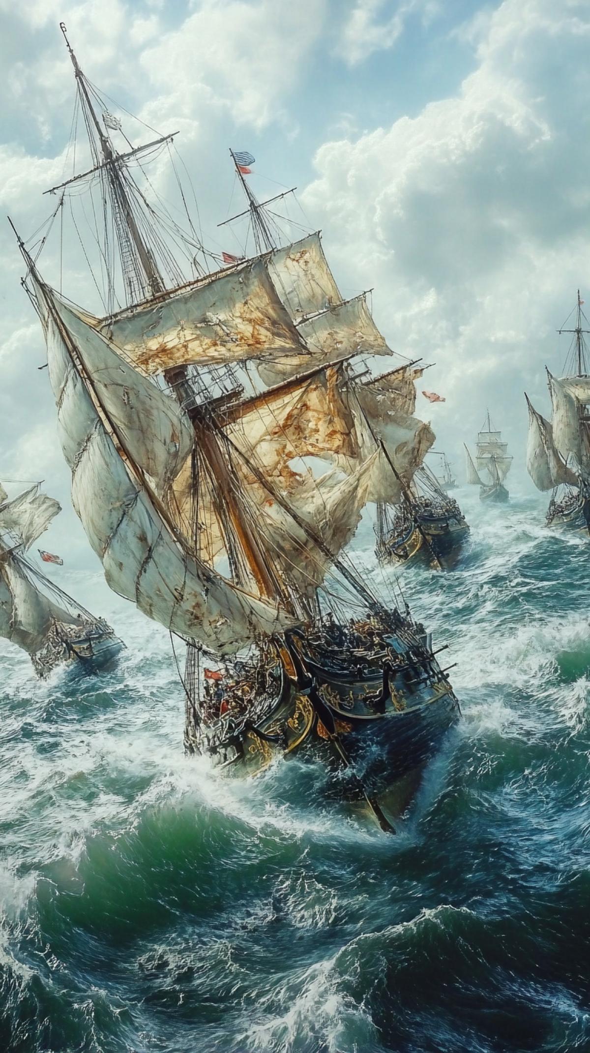 a naval battlefield where powerful ships collide: these could be ancient galleys equipped with sails and rams, formidable sailing ships from the Age of Discovery with cannons, or modern naval cruisers fighting among the waves