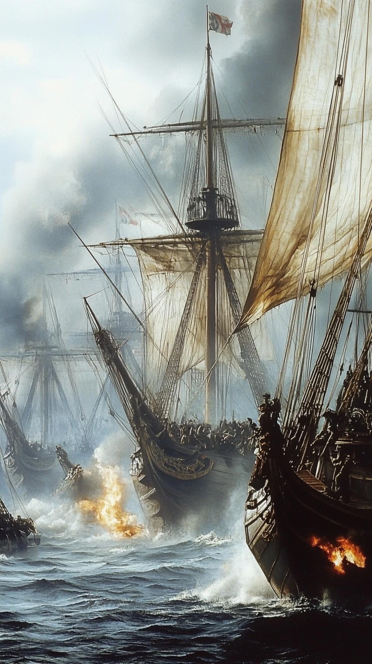 a naval battlefield where powerful ships collide: these could be ancient galleys equipped with sails and rams, formidable sailing ships from the Age of Discovery with cannons, or modern naval cruisers fighting among the waves