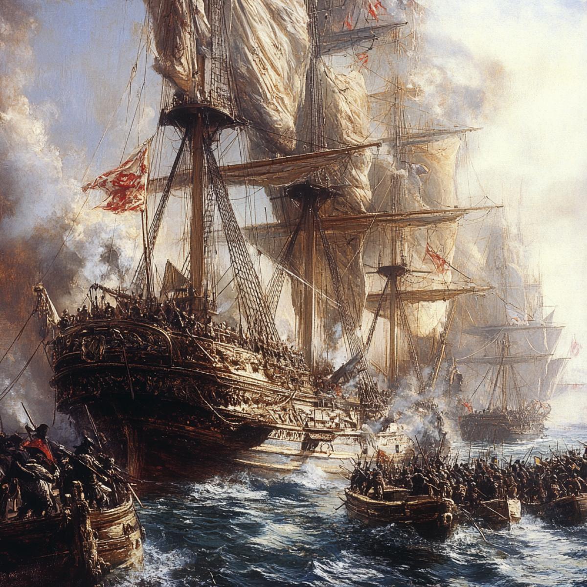 Boarding a ship during a naval battle