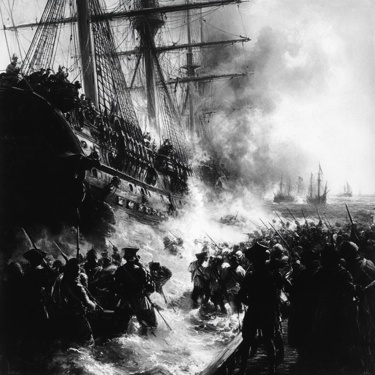 Boarding a ship during a naval battle