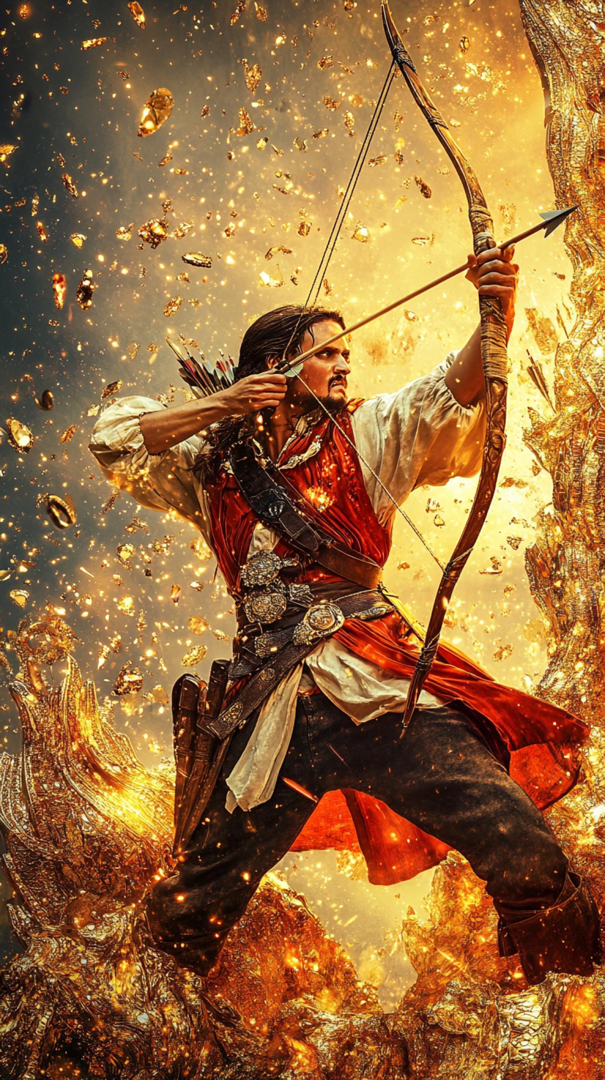 Pirate archer takes aim with a fiery arrow against the background of a golden mountain of jewelry and diamonds
