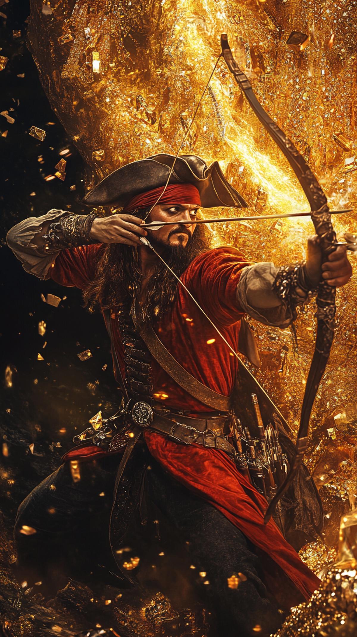 Pirate archer takes aim with a fiery arrow against the background of a golden mountain of jewelry and diamonds