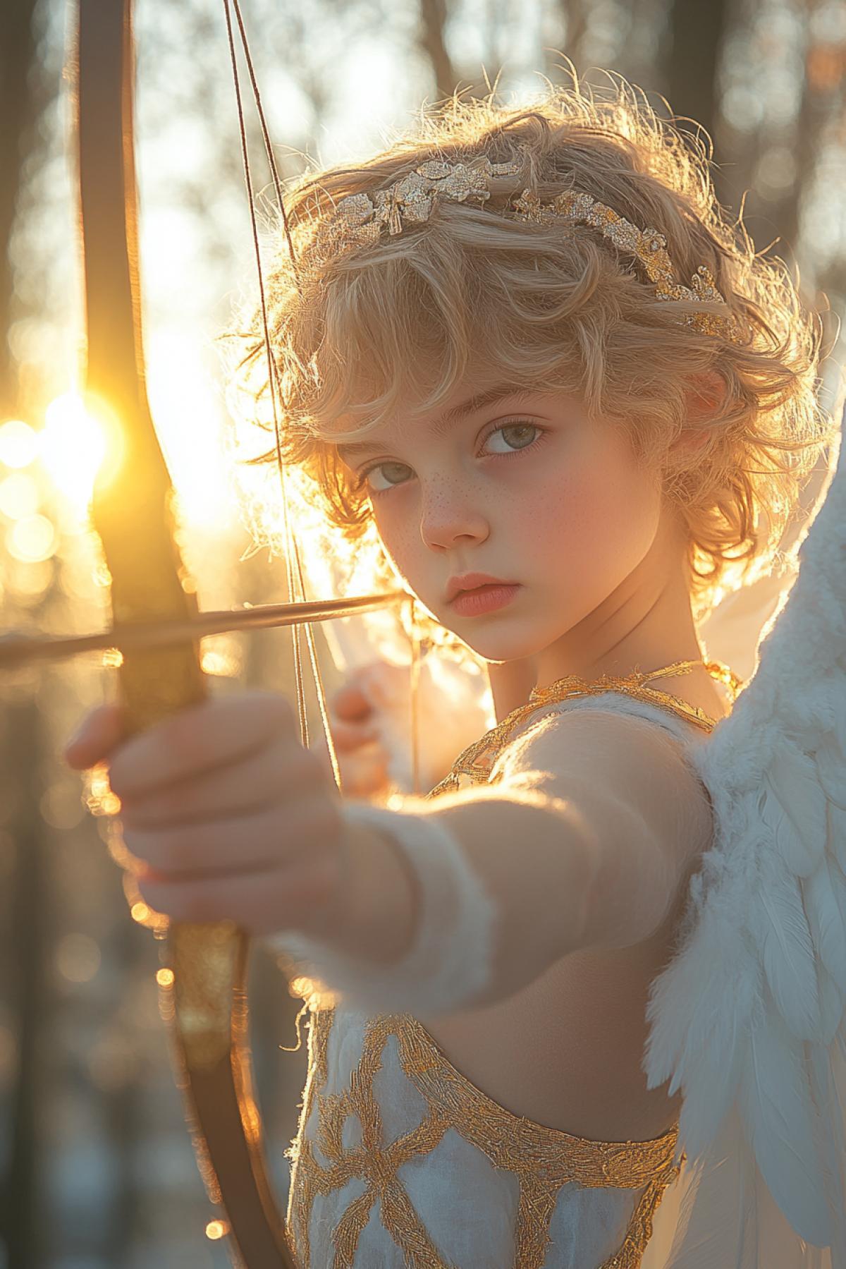 The little prankster Cupid, aiming from his bow at another victim, snow-white wings, the atmosphere of a ghostly forest, the shadows of an autumn sunset