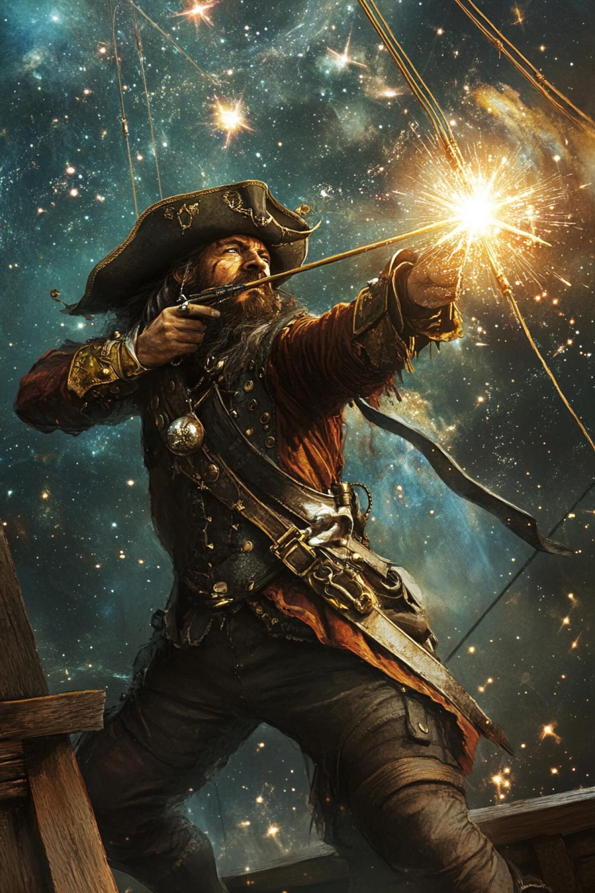 Space star pirate shoots space star arrows steampunk magic fantasy