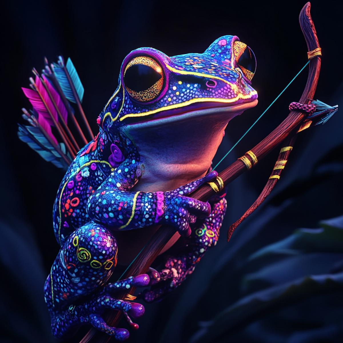 beautiful fantastic frog in the mouth with an arrow from a bow, in boho style, neon on a dark background, 3D digital art