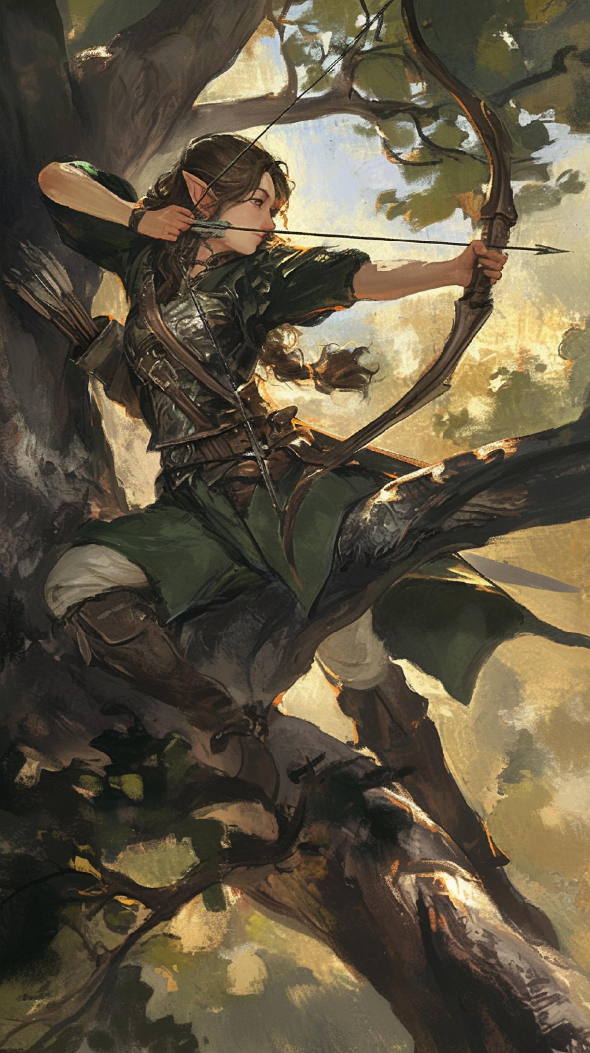 Girl elf archer, archery, fantasy forest, in a tree, summer day, takes aim with a bow, dark green clothes with elven patterns, fantasy paraphernalia, dark fantasy style D&D style , by Gerald Brom ,dark fantasy style