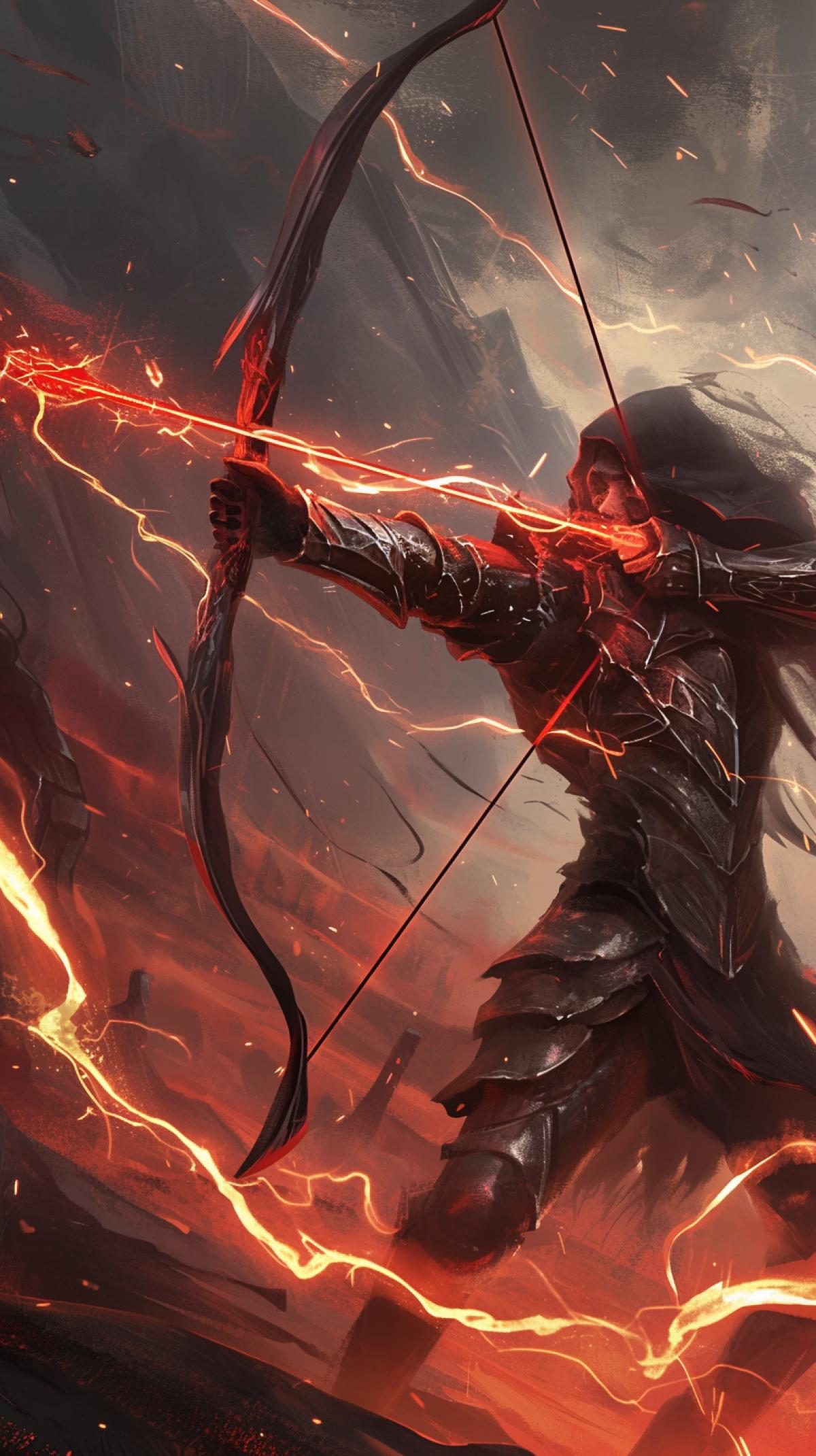 archer takes aim with magic bow , magic fire arrow emits a lot of red energy in the form of lightning , background background battlefield dust and flames , dark fantasy , action scene , battlefield , fantasy battlefield, dark fantasy style D&D style , by Gerald Brom ,dark fantasy style, in the style of thiago valdi, light dark and silver, realistic depiction of light, light dark and red, solarizing master, cut/ripped, energetic frenzy