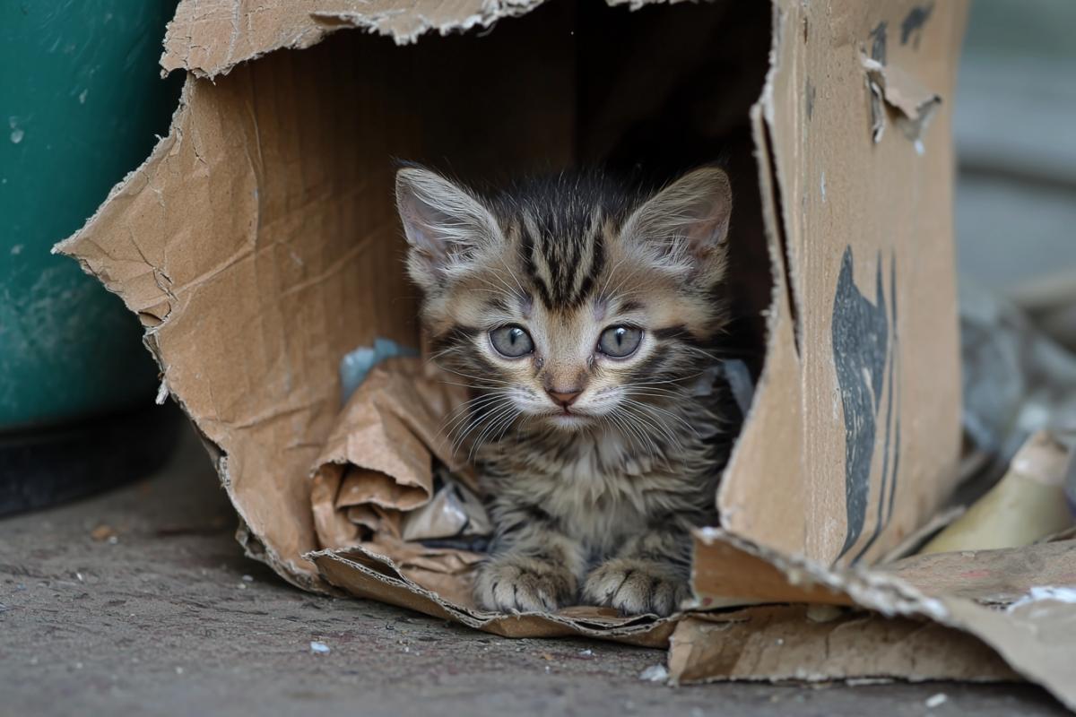 A pathetic, dirty kitten in a house made from an old, torn, crumpled cardboard box near a trash can