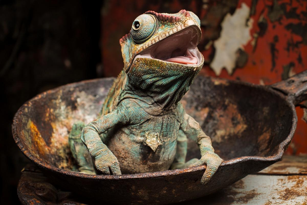 Chameleon laughing in a house made from an old rusty, smoked frying pan