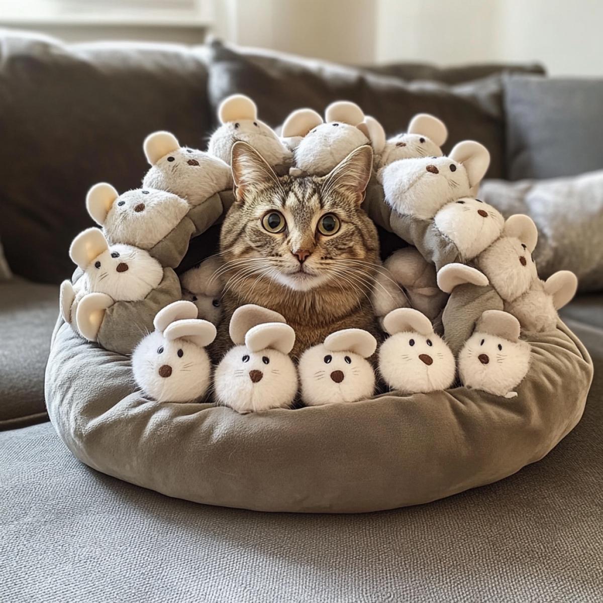cat house made of plush mice