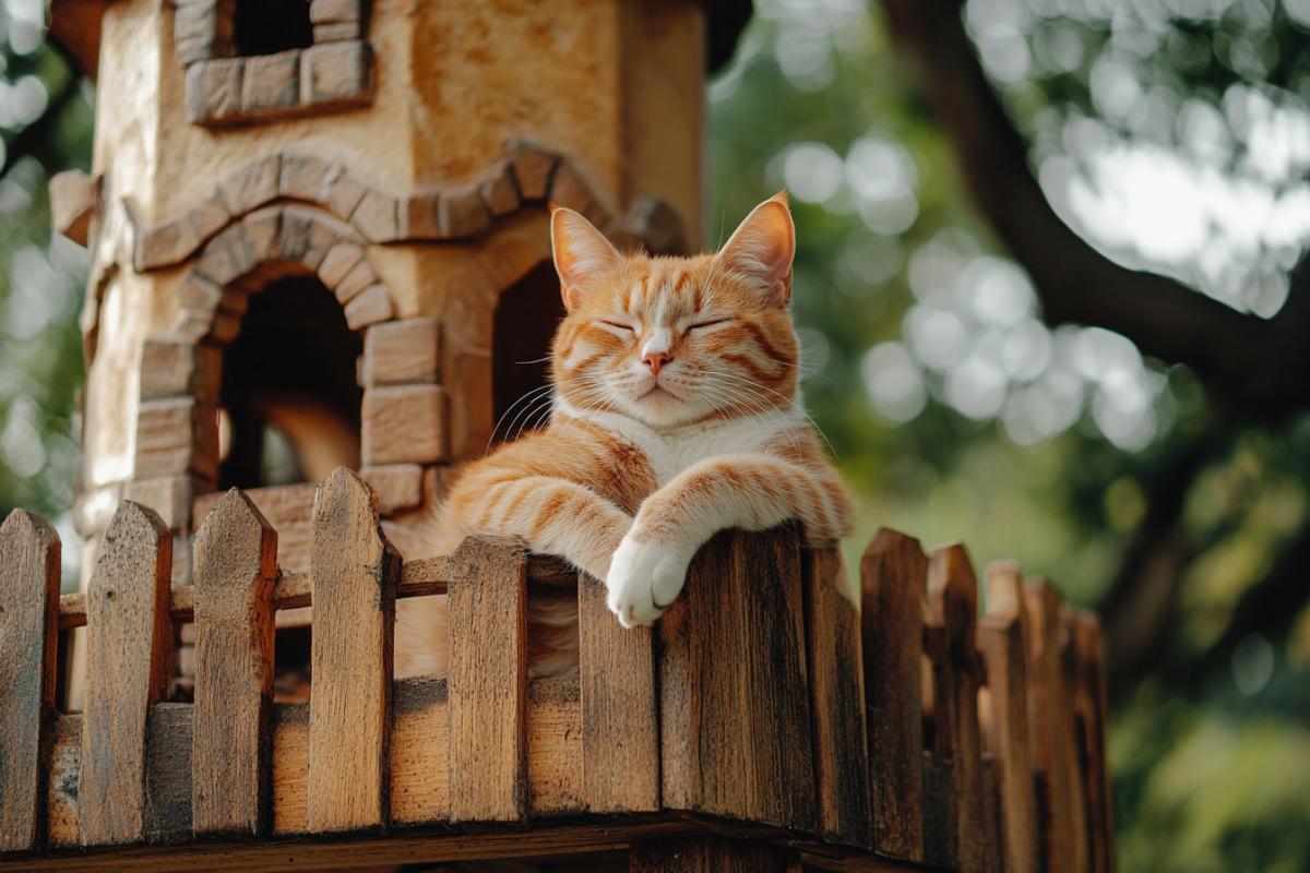 Cats house. In the form of a castle. There is a cat lying on the top observation deck