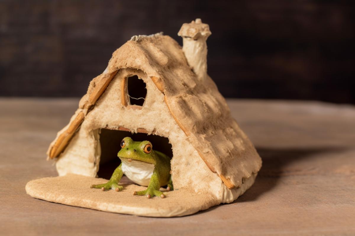 The frog lives in a gingerbread house