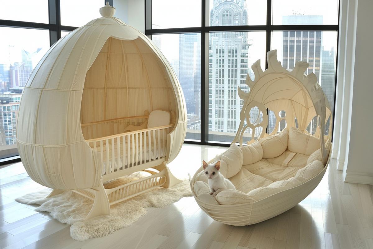 The cat lives in an egg-shaped crib