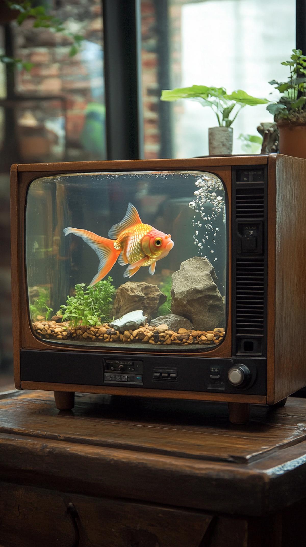 Aquarium in the shape of an old TV with a goldfish