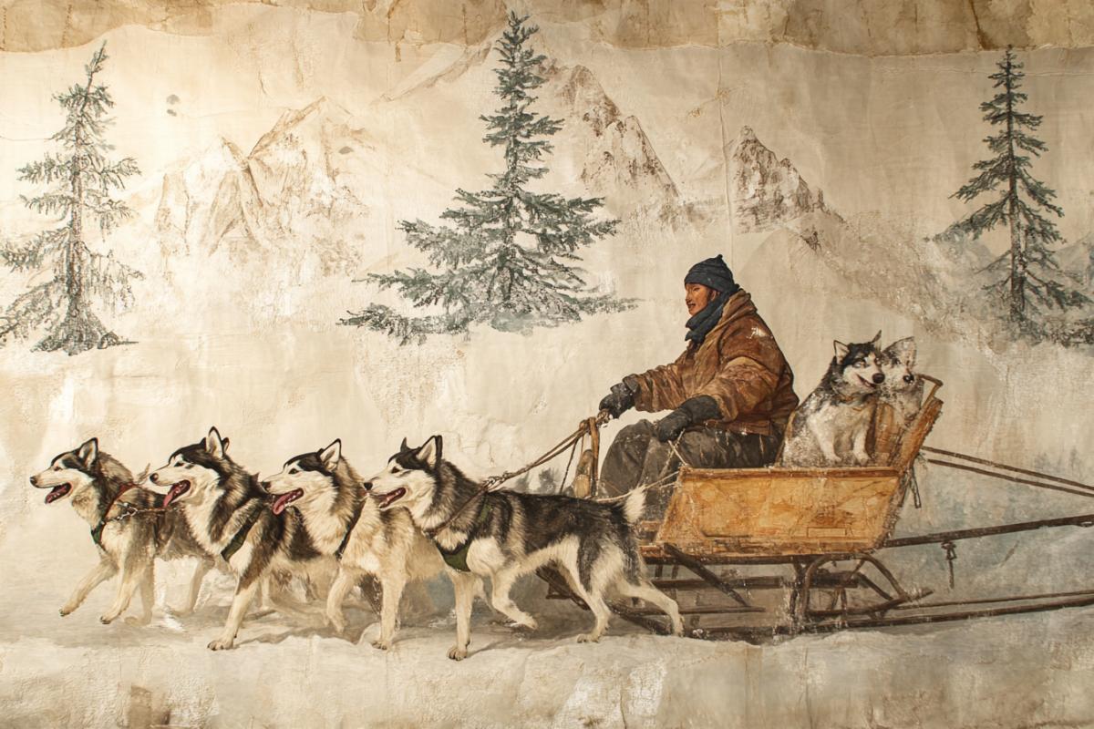Eskimo herder in a sleigh pulled by dogs
