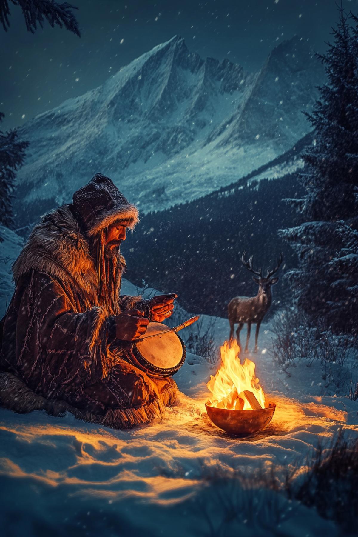 ancient shaman with a tamboyellow water by the fire, night, against the backdrop of mountains, winter, light from the fire, deer