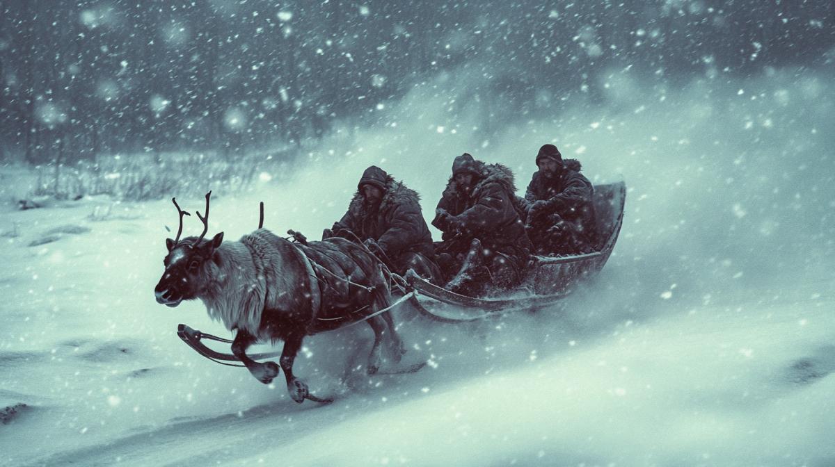 Eskimos on reindeer sleds ride into a snowstorm