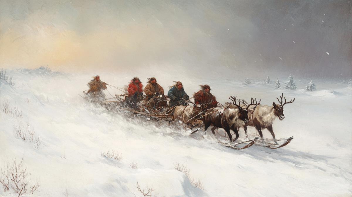 Eskimos on reindeer sleds ride into a snowstorm