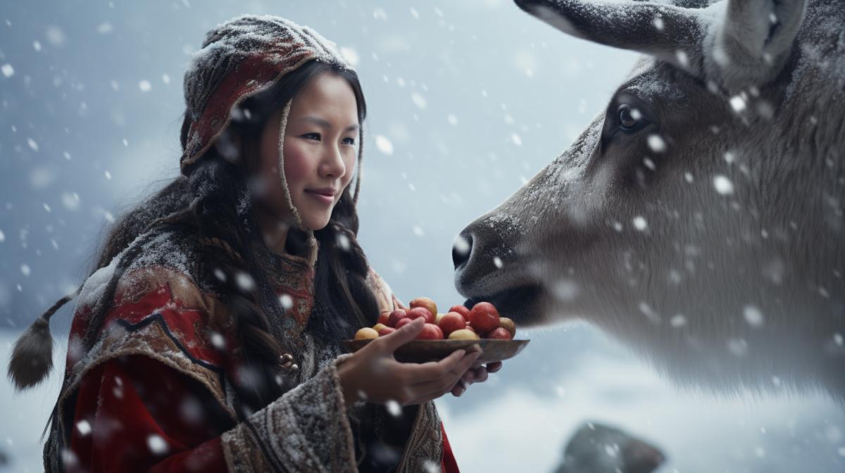 Eskimo woman in traditional costume feeds a reindeer with a red apple, it is snowing, cg, hd rendering
