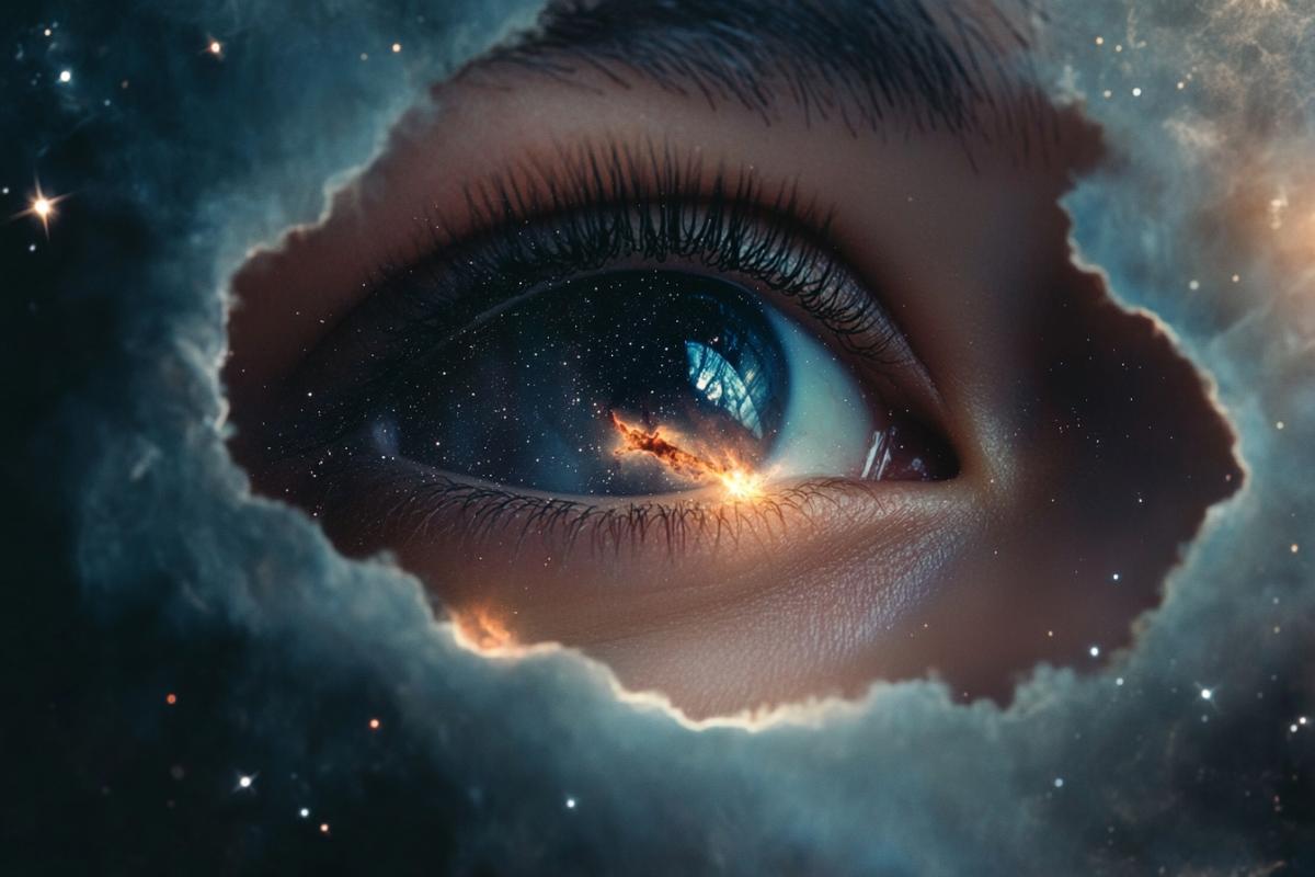 space, constellations, wonderful beauties. in the center there is a dark hole from which the eyes look