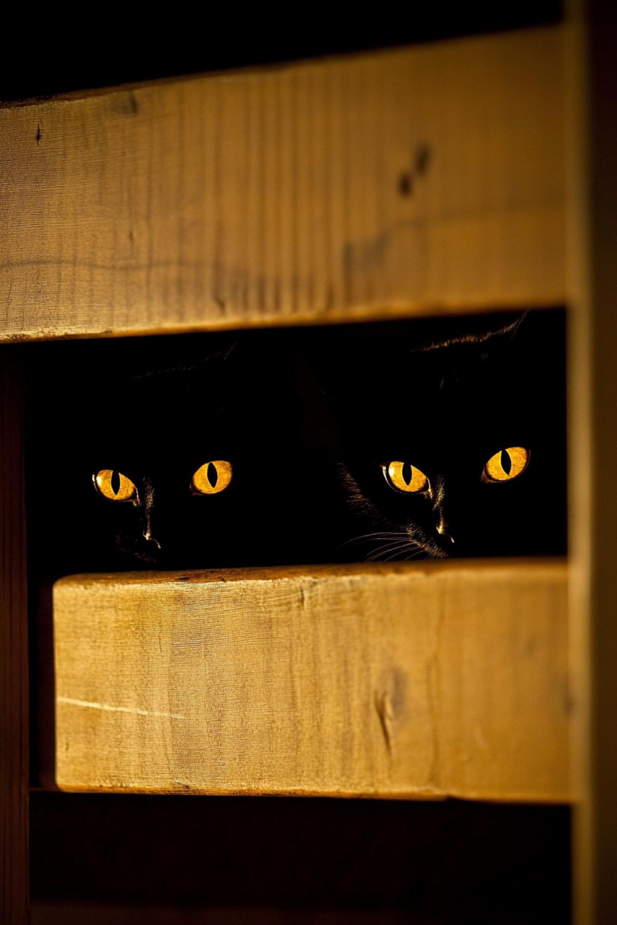 Green cat glowing eyes under the bed. Night. Fear. Only the eyes and the dark silhouette are visible.