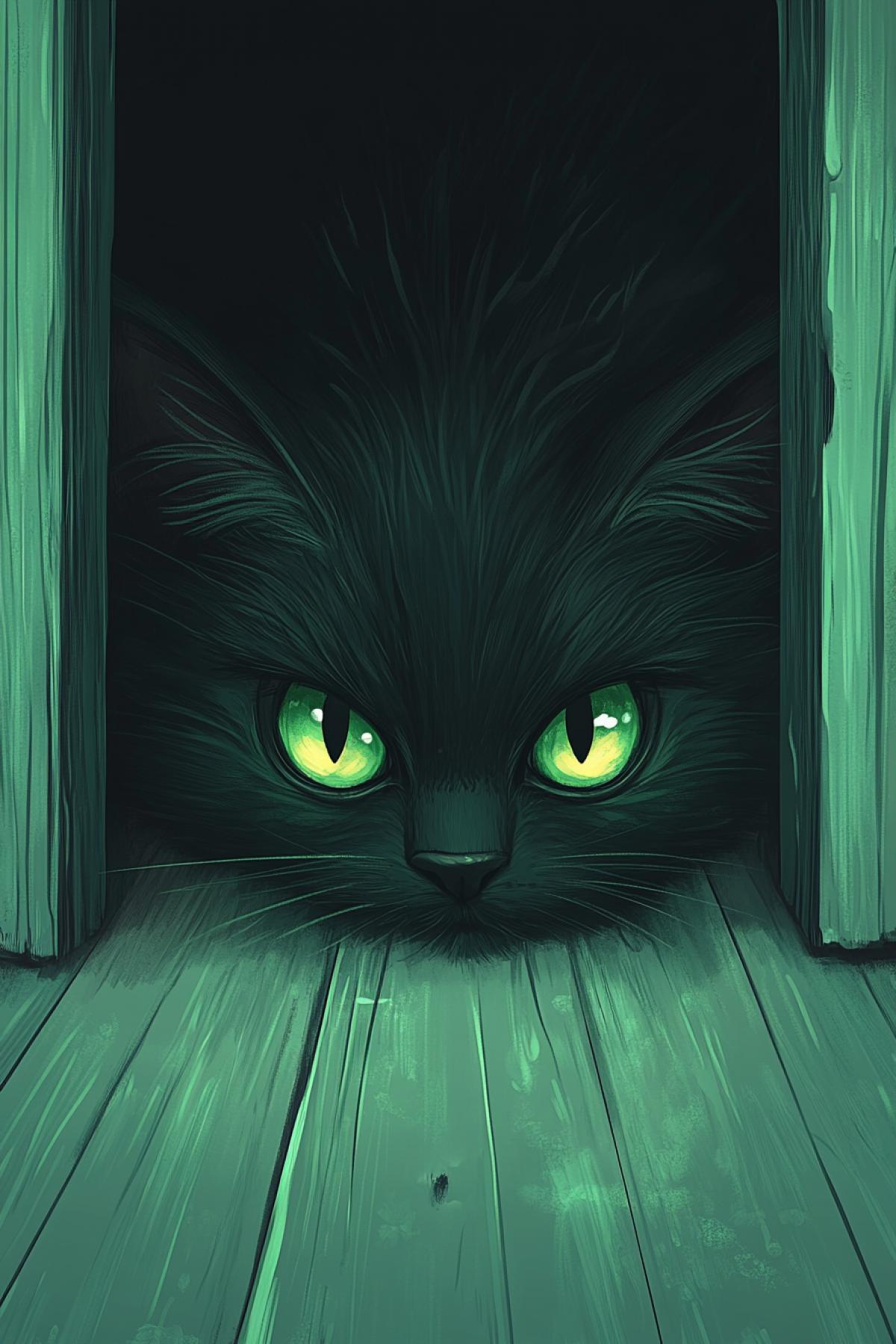 Green cat glowing eyes under the bed. Night. Fear. Only the eyes and the dark silhouette are visible.
