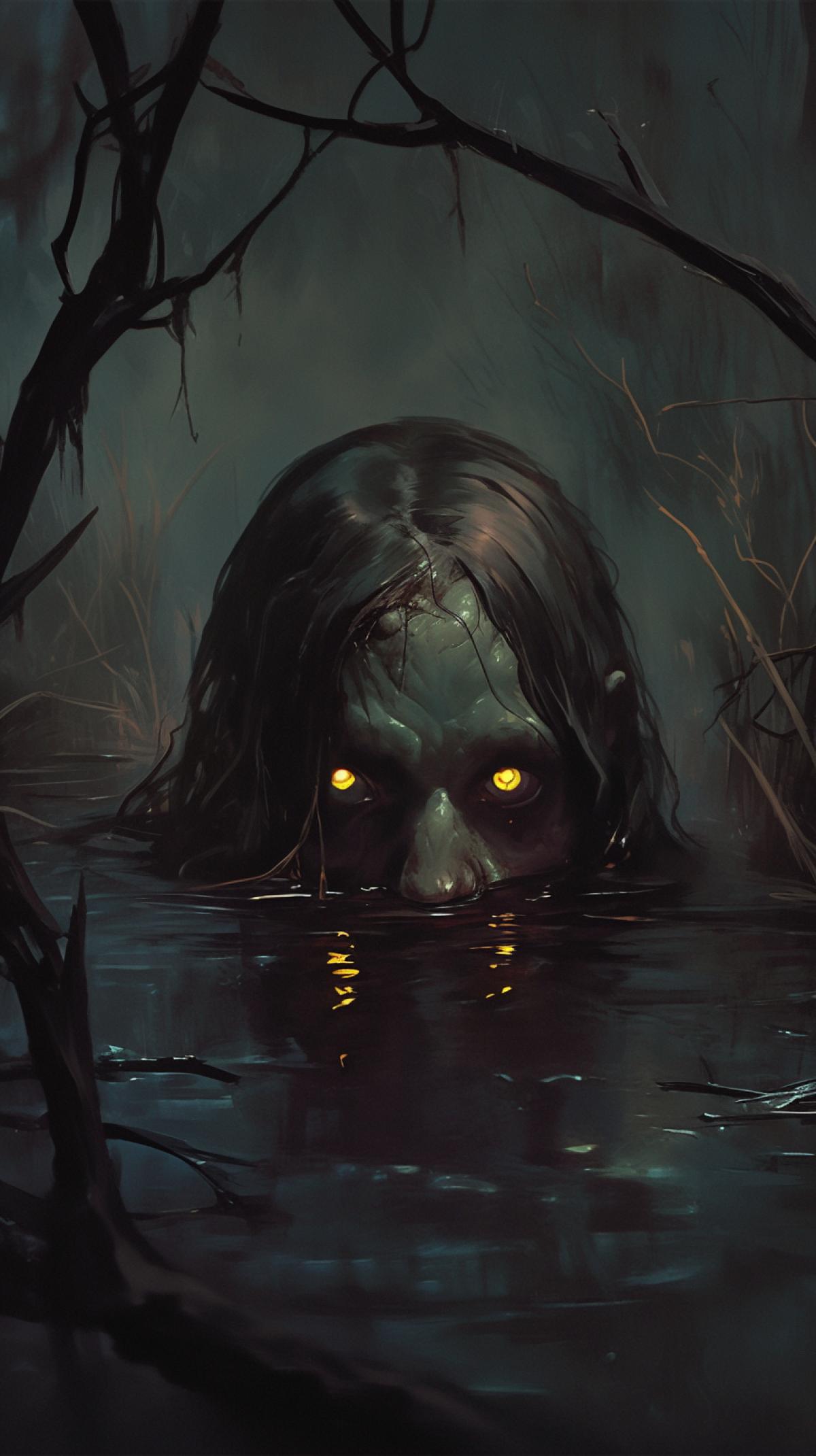 Eye zombie head half peeking out of a dark swamp, dark night , pale yellow eyes, dark image, on the sides of the image are some branches, dark branches, back yon dark forest, dark sky, zombie has sparse dark hair pale green skin, half of the face above the water, horror image, scary image , by Jakub Rozalski,